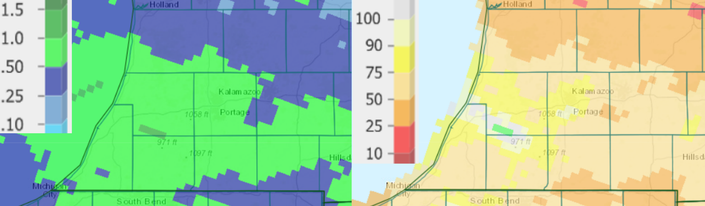 Precipitation totals (left) and percent of normal (right) from the past 7 days as of May 11.